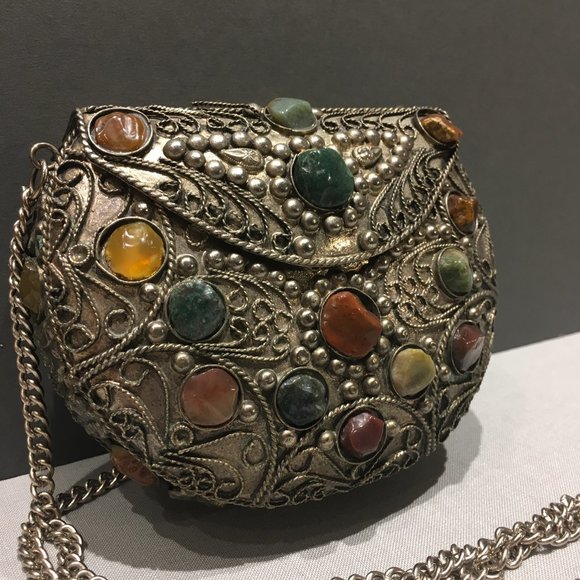 Handbags - VINTAGE SAJAI METAL BAG WITH AGATE STONES